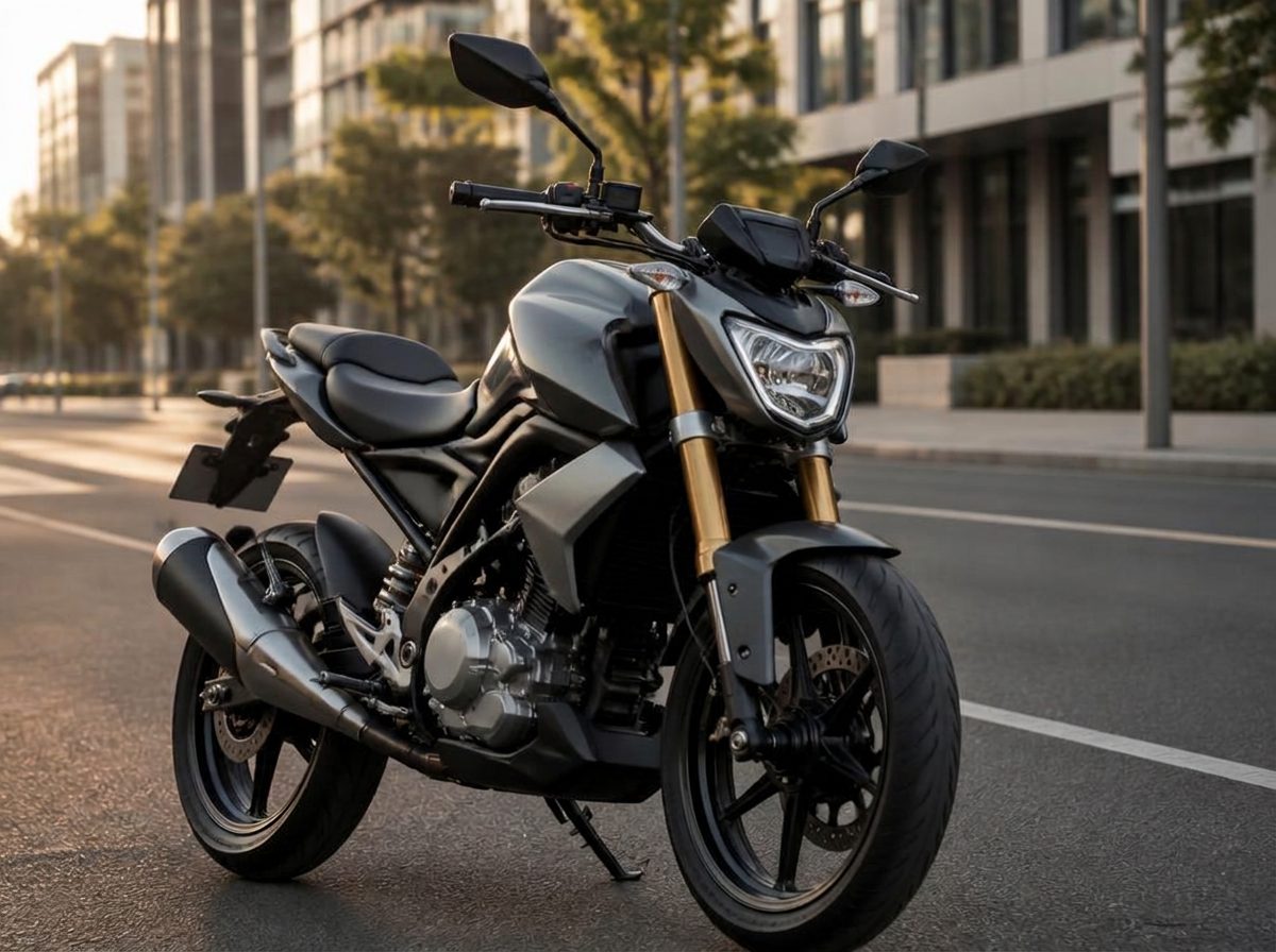 Moto roadster cinza sem identificação de marca em via urbana